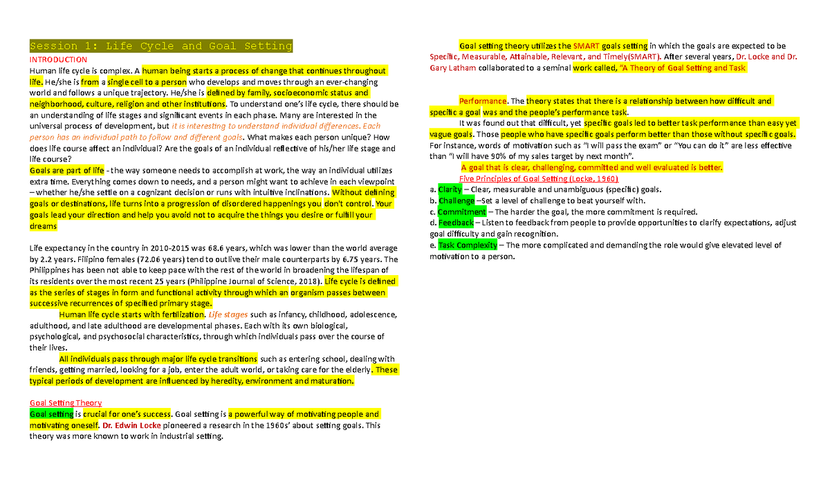 VRTS1 LEC - Lecture notes 1-6 - Session 1: Life Cycle and Goal Setting ...