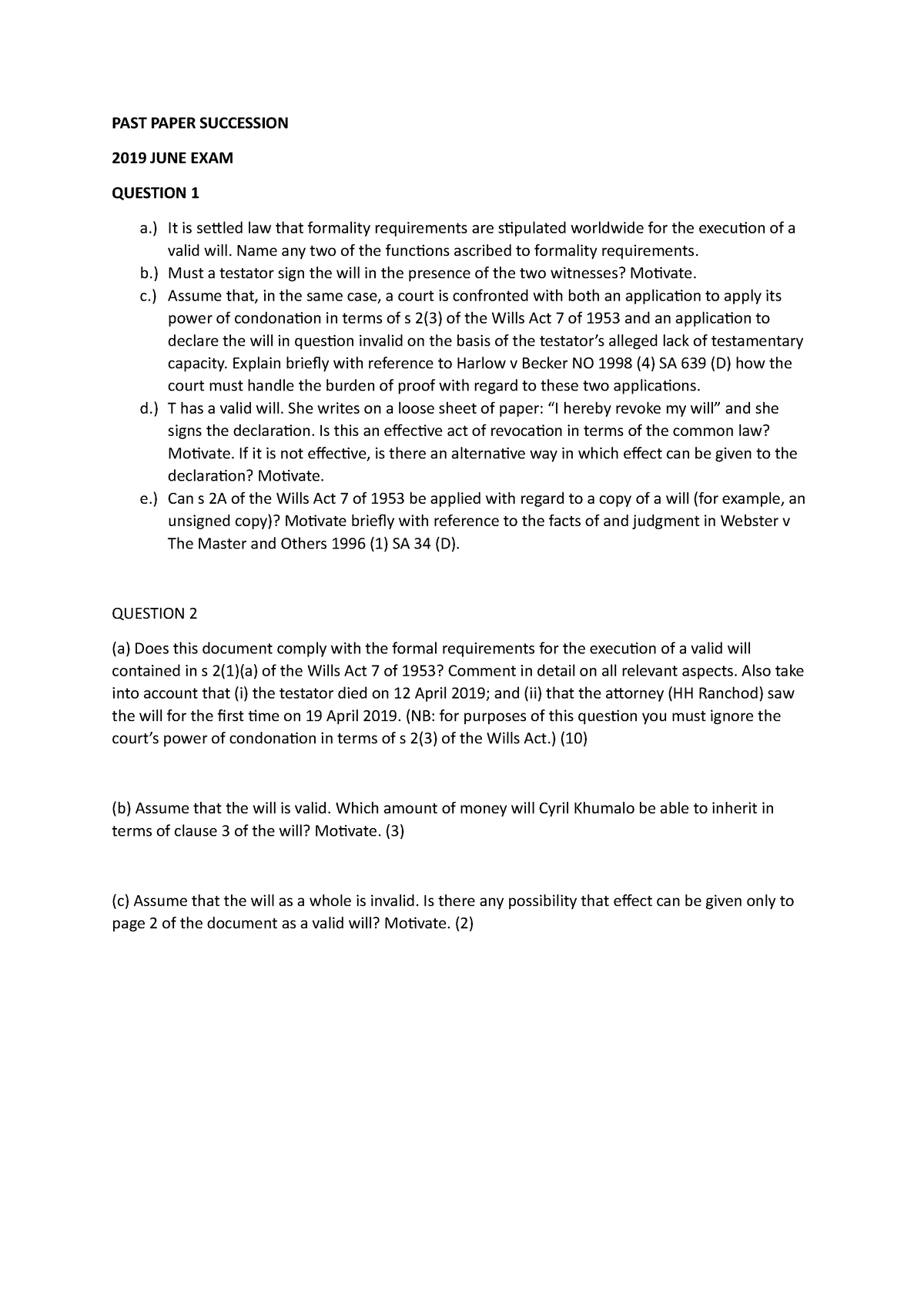 Succession past papers - PAST PAPER SUCCESSION 2019 JUNE EXAM QUESTION ...