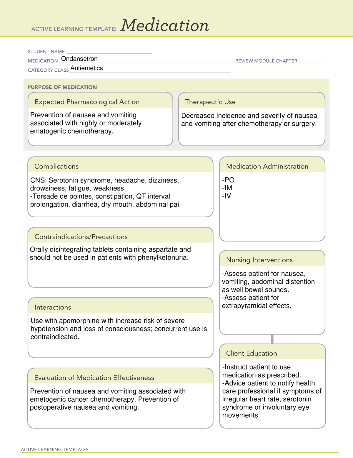 Ondansetron med ATI template medications. ACTIVE LEARNING TEMPLATES