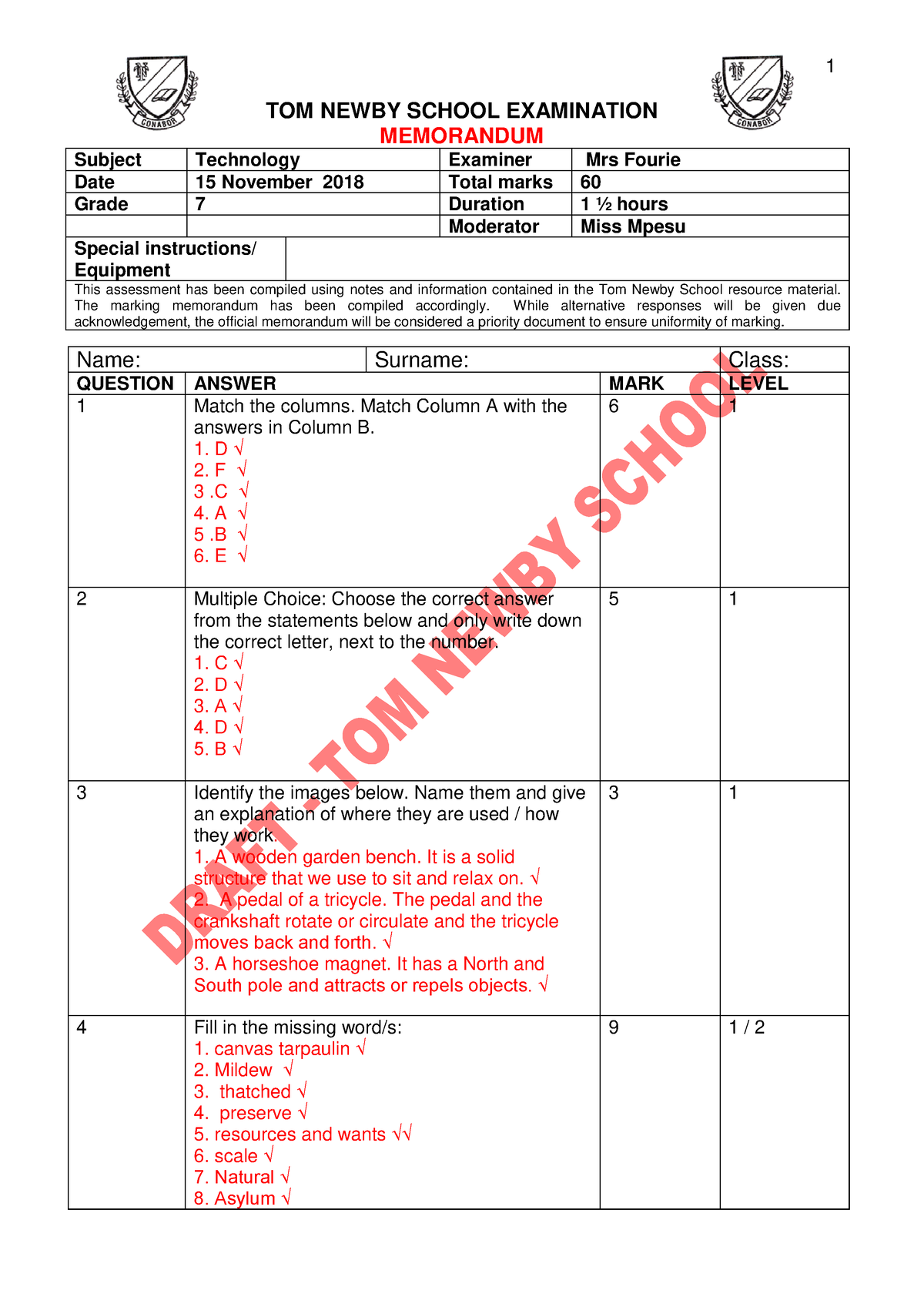 Grade 7 Technology Memorandum November 2018 - 1 TOM NEWBY SCHOOL ...