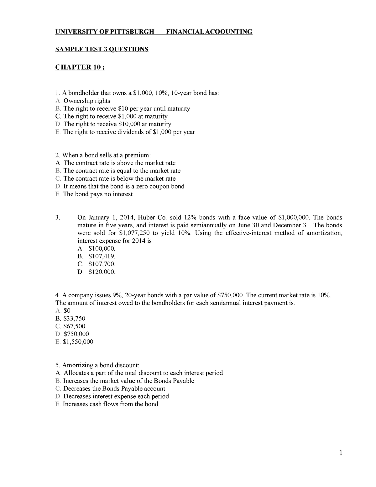 Test 3 - Ch. 10 Sample Questions - UNIVERSITY OF PITTSBURGH FINANCIAL ...