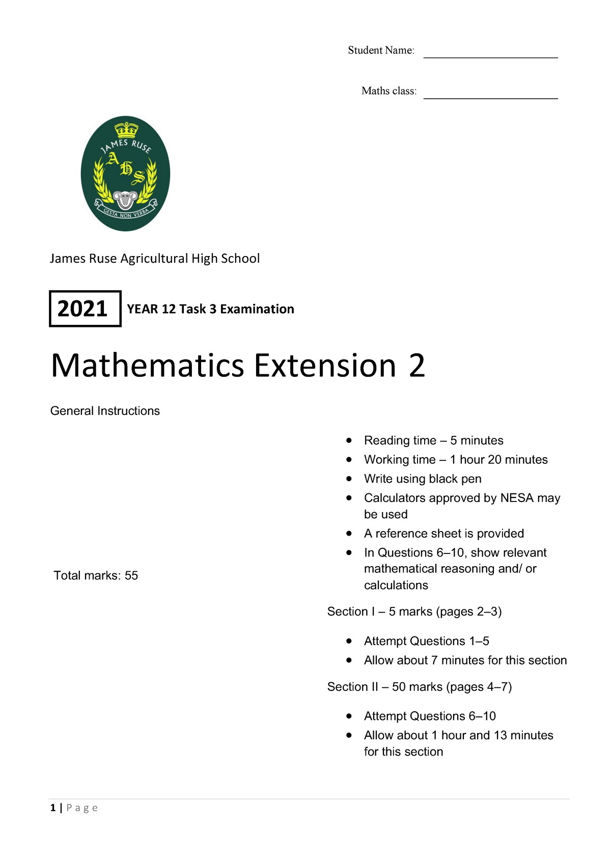 2021 Paper - Student Name: Maths class: James Ruse Agricultural High ...