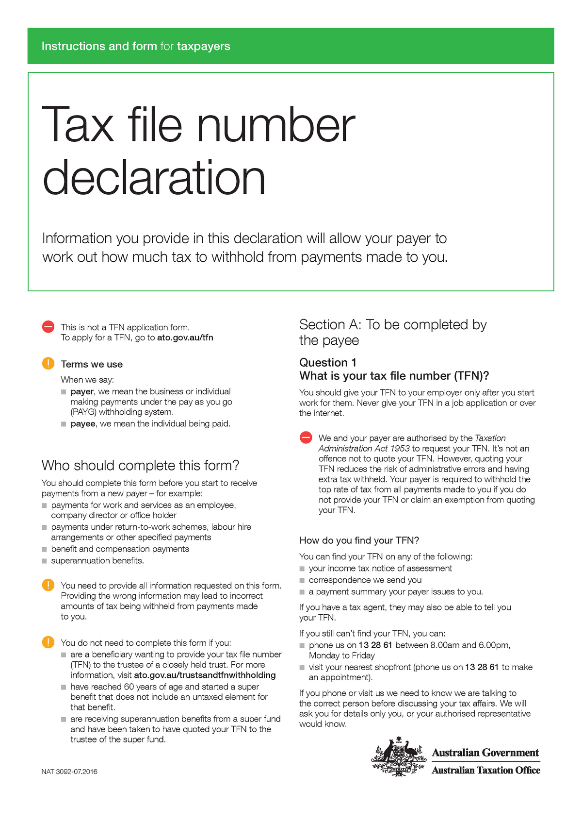 TFN declaration form For Business N AT 3 0 9 2 0 7 2 0 16 