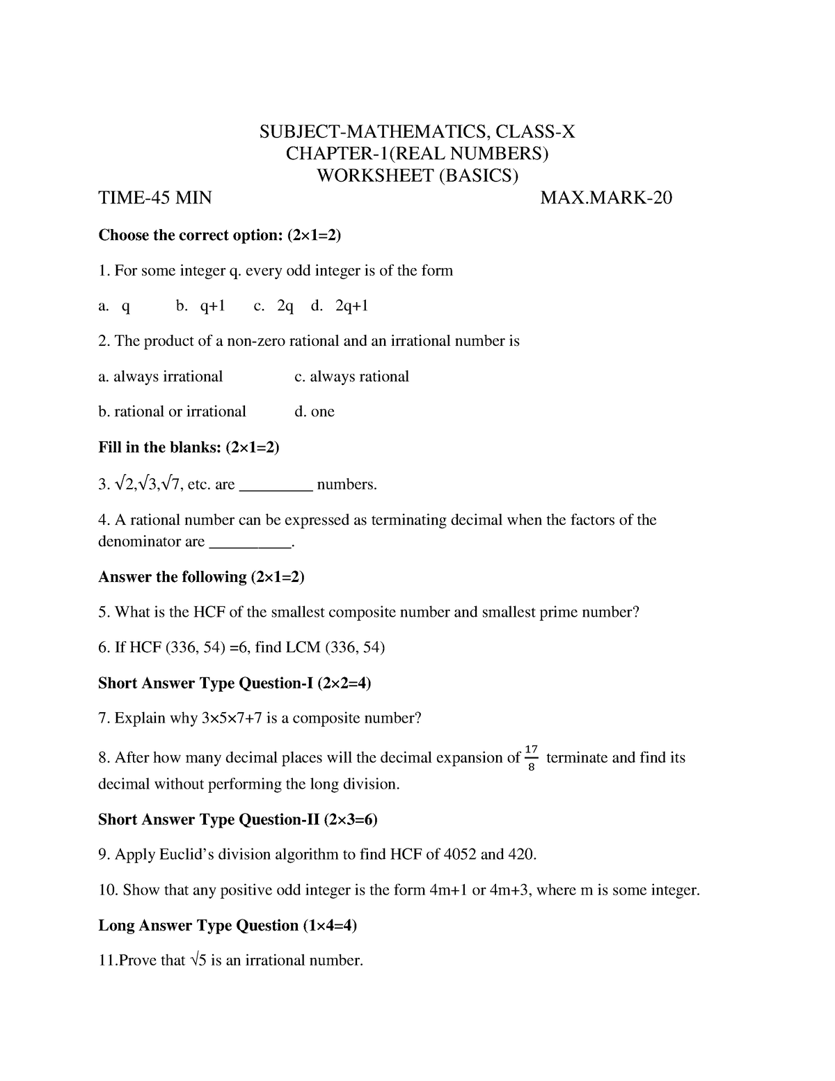 WS-real Numbers-basic - Mathematics Class 10 - Studocu