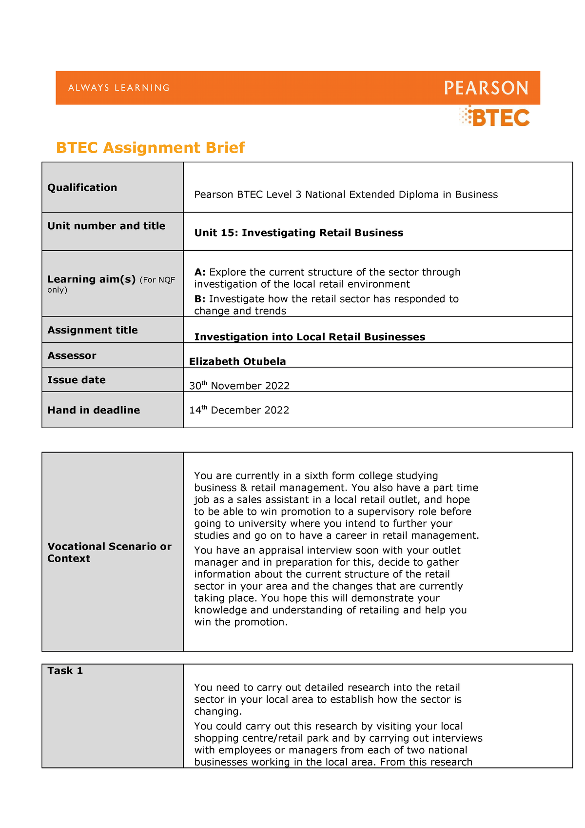 Authorised Assignment Brief L A A And B Unit 15 Investigating Retail Business 1190 Btec