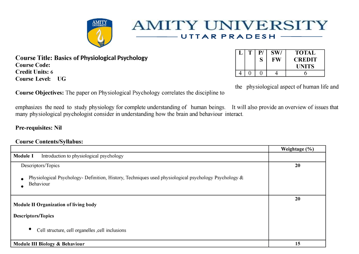 Syllabus For The Whole Semester - Course Title: Basics Of Physiological ...