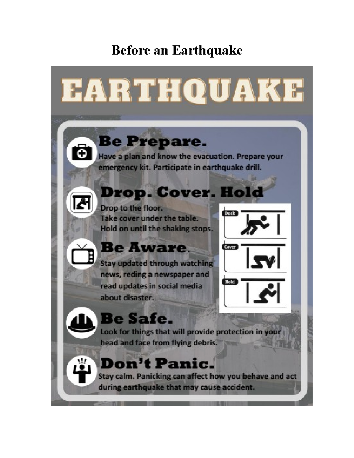 Contingency Plan - Plan - Before an Earthquake During an Earthquake ...