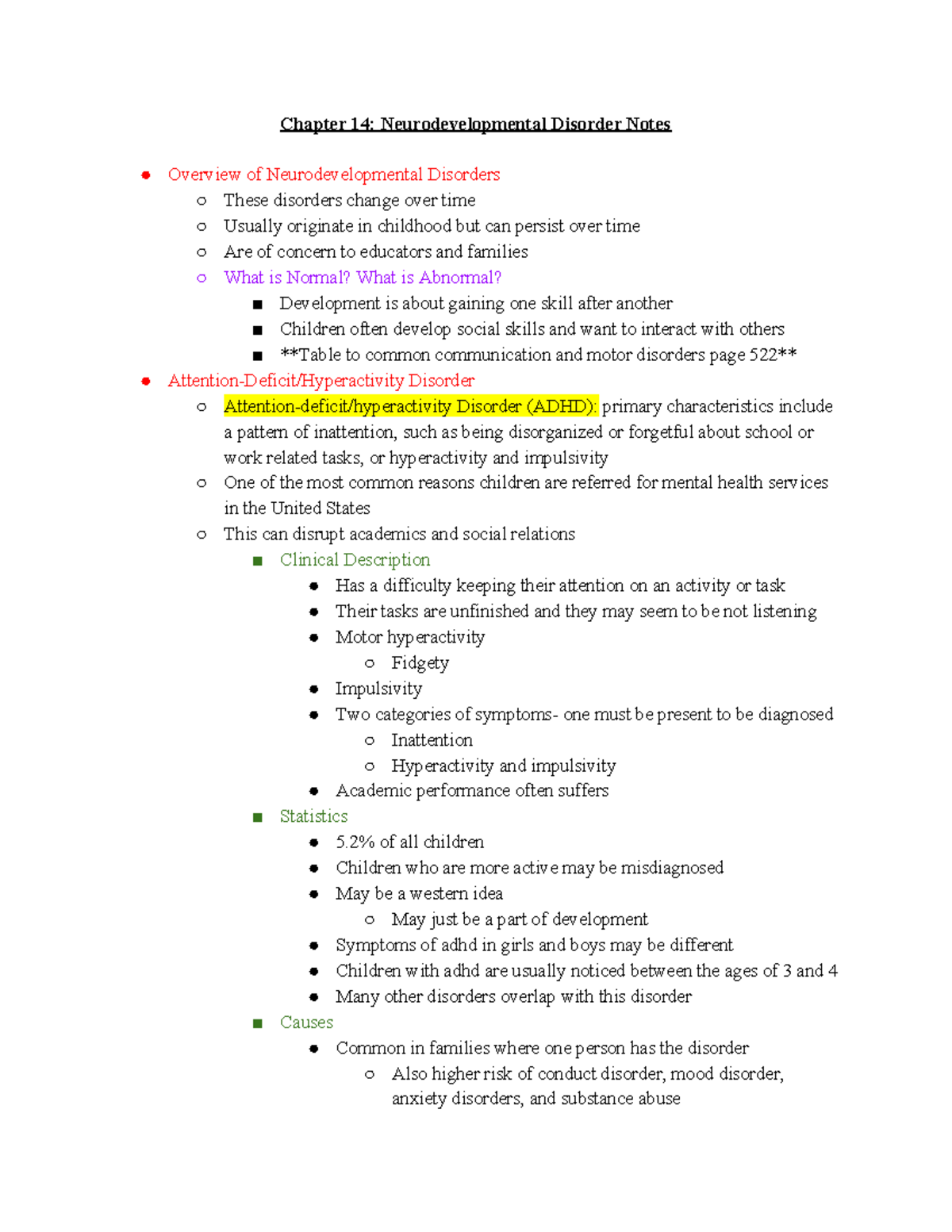 Abnormal Psych- Ch. 14 Notes - Chapter 14: Neurodevelopmental Disorder ...