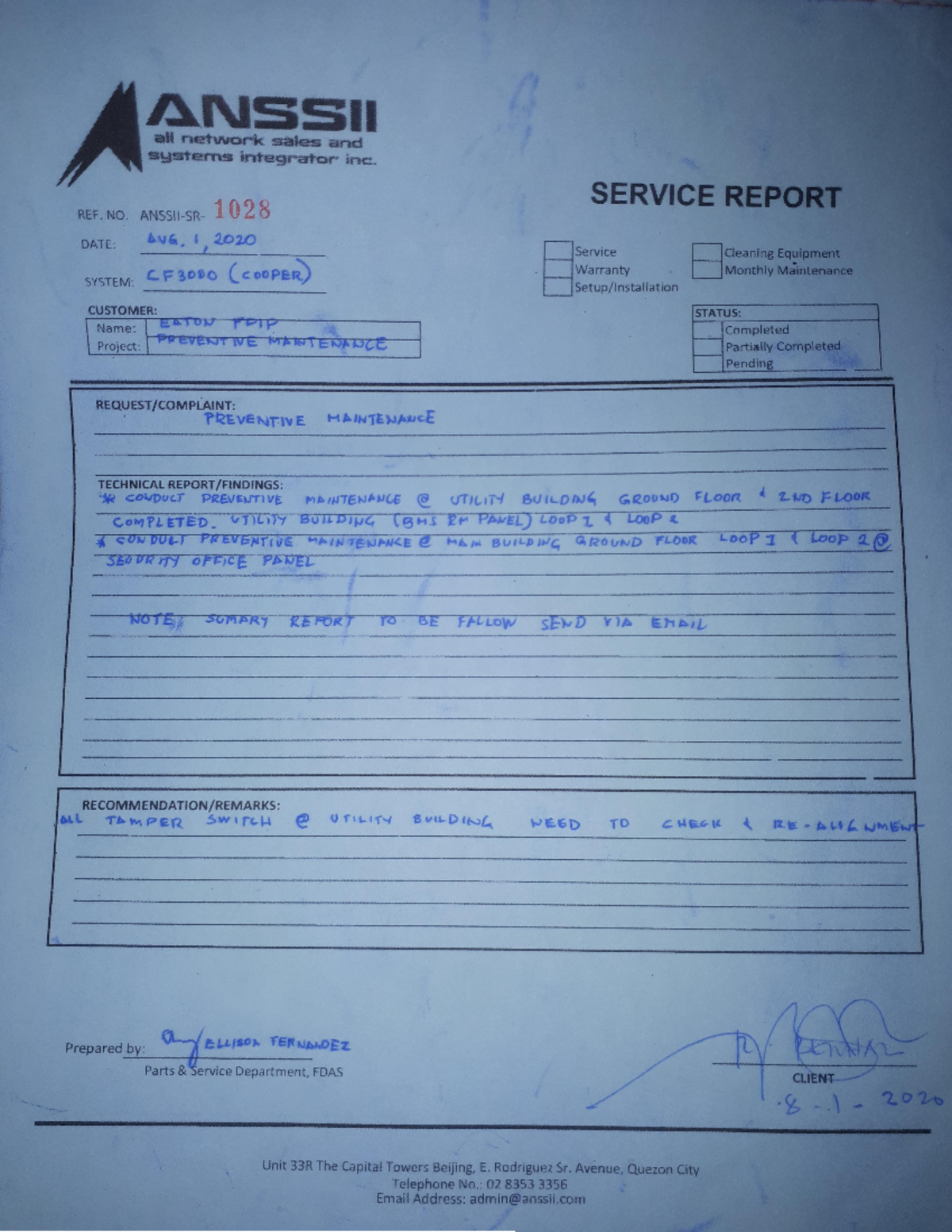Service Report 2020 - Technology - SUMMARY OF PMS WORK SCHEDULE UTILITY ...