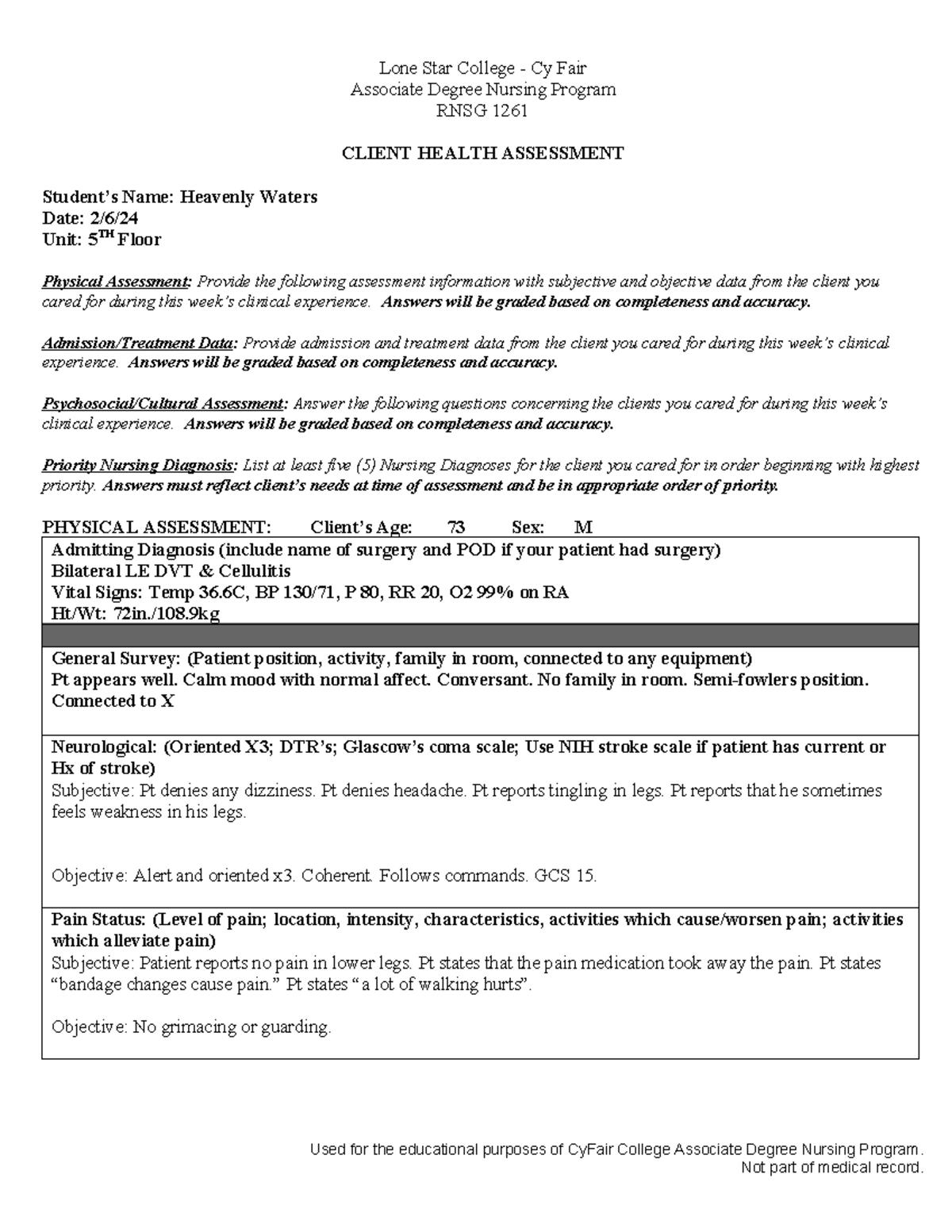 Clinical Assessment 1 - Made a 72 sooo not the best example - Associate ...