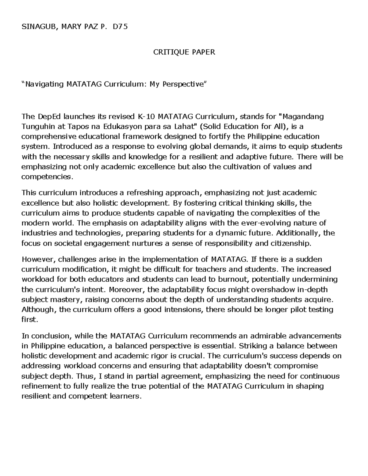 Critique Paper Reflection SINAGUB, MARY PAZ P. D CRITIQUE PAPER