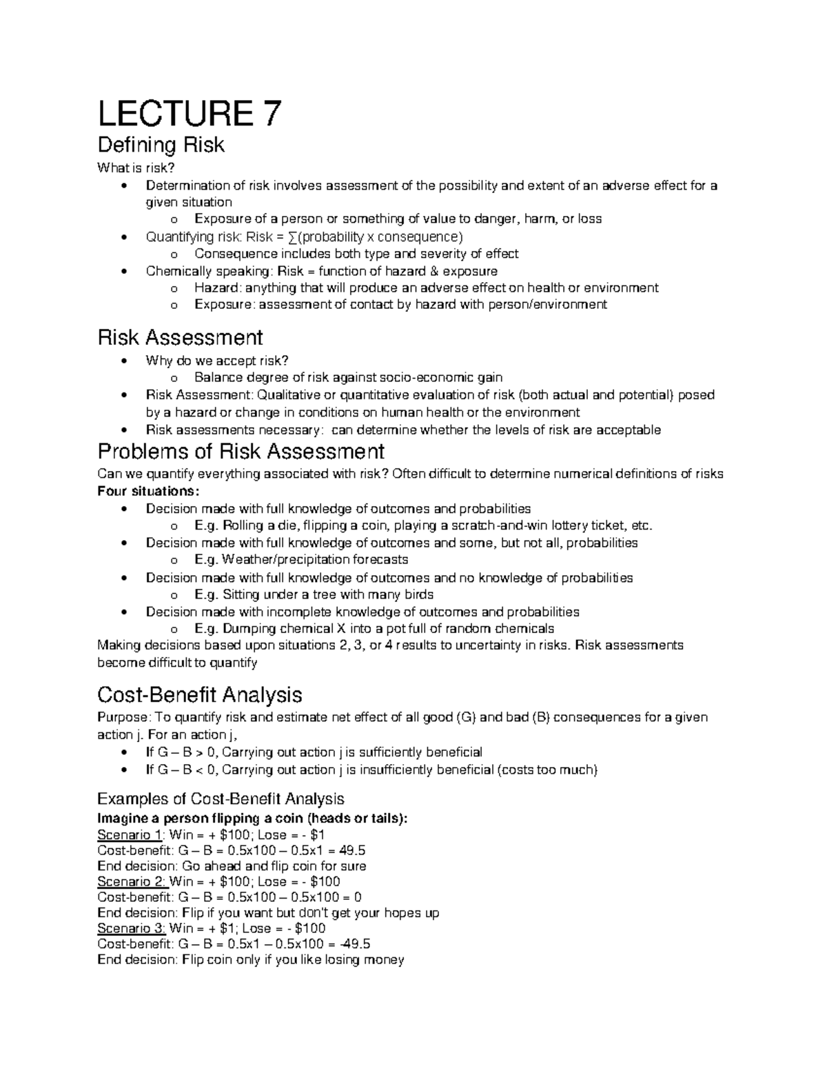 Lecture 7 Notes - LECTURE 7 Defining Risk What is risk? - Determination ...