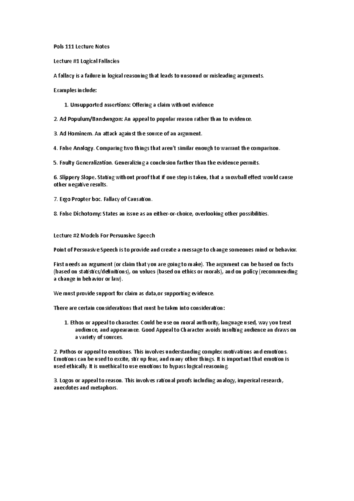 Pols 111 Lecture Notes - Goes over logical fallacies and how to make a ...