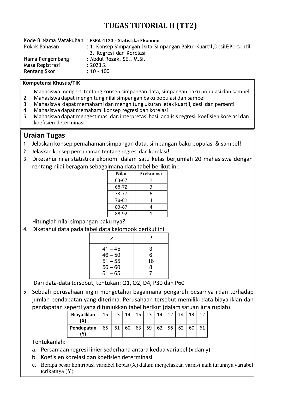 TT2 Statistika Ekonomi - Kompetensi Khusus/TIK 1. Mahasiswa Mengerti ...