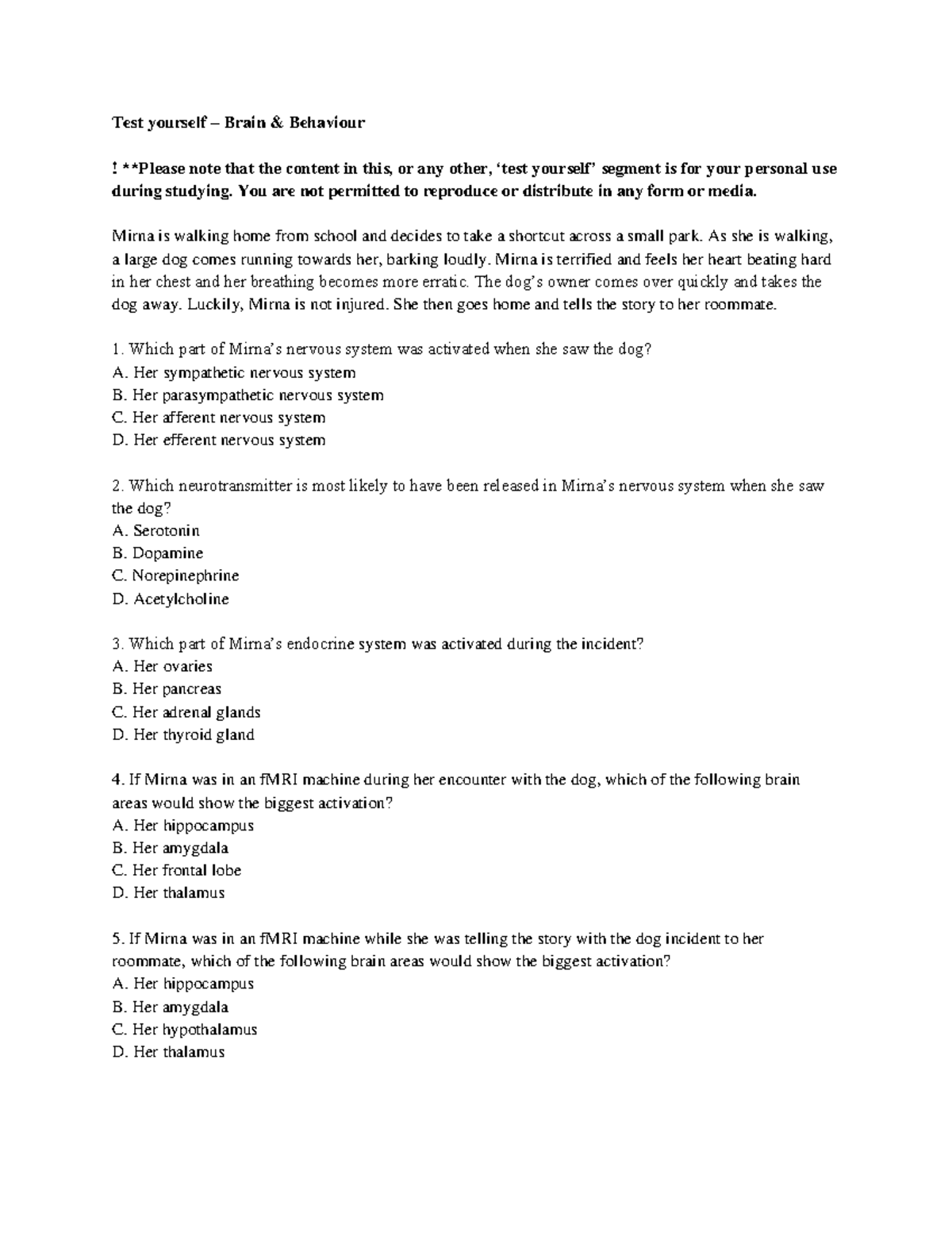 Testyourself brain behaviour - Test yourself – Brain & Behaviour ...