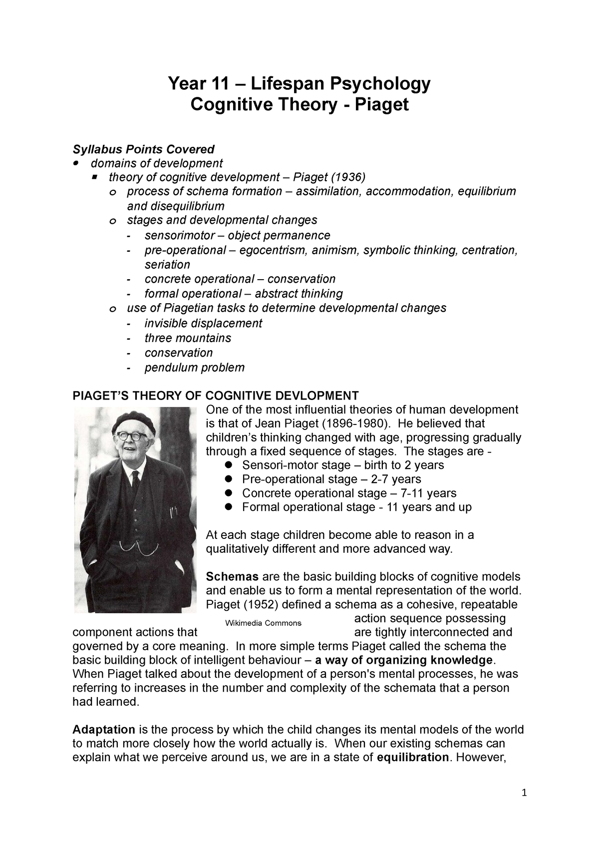 Week 11 Cognitive Theory Piaget workbook Year 11 Lifespan