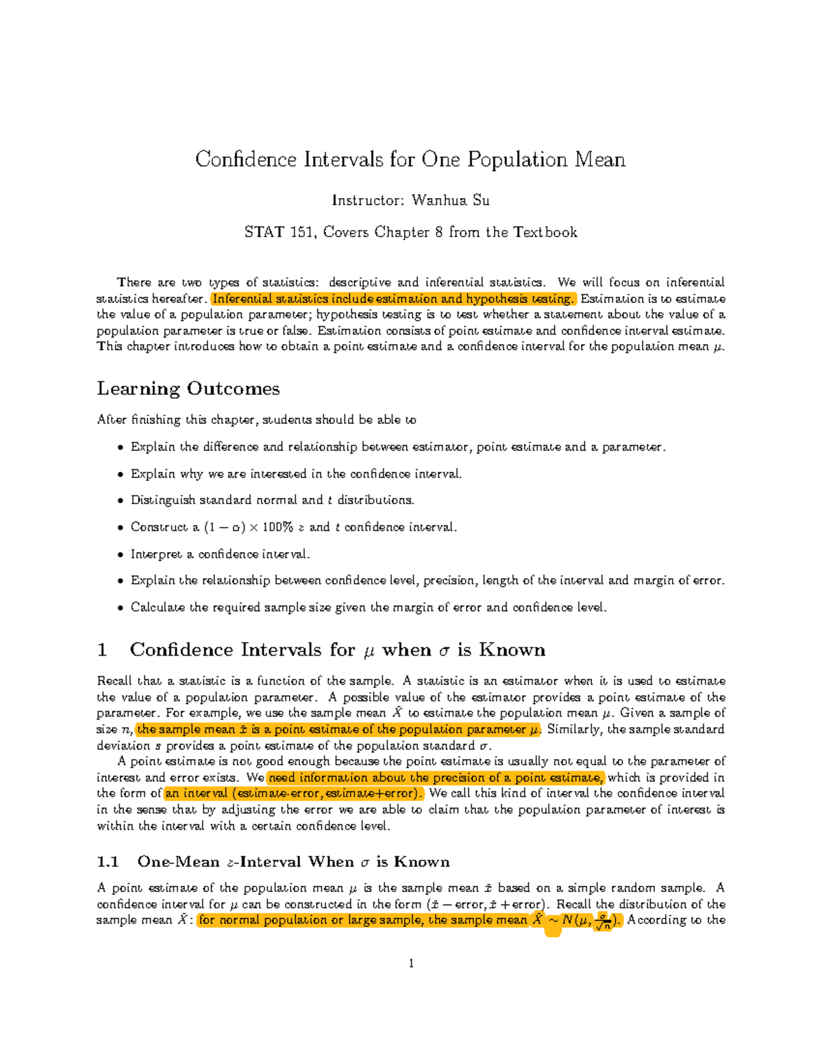 Confidence interval one mean - Confidence Intervals for One Population ...