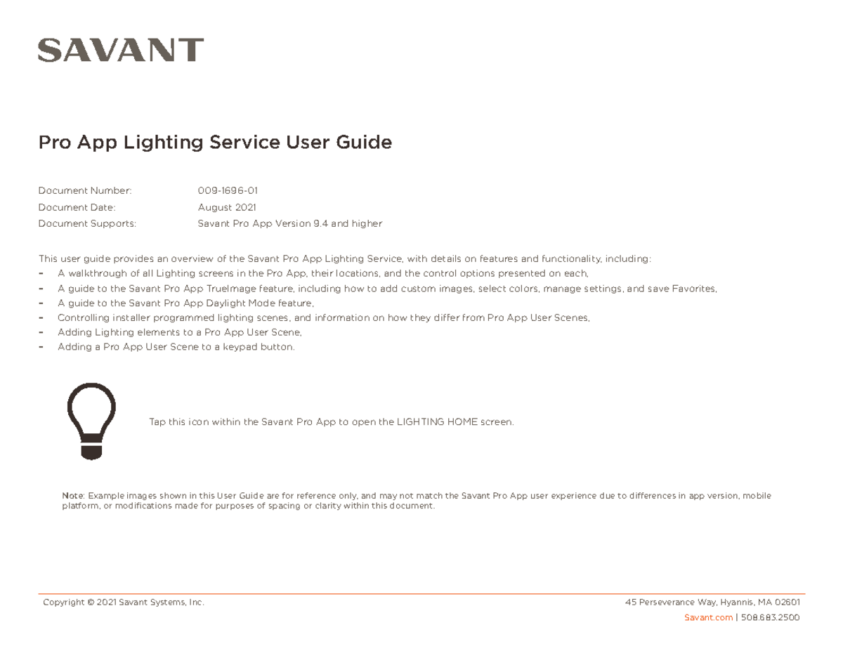 009169601 Savant Pro App Lighting Service User Guide Copyright