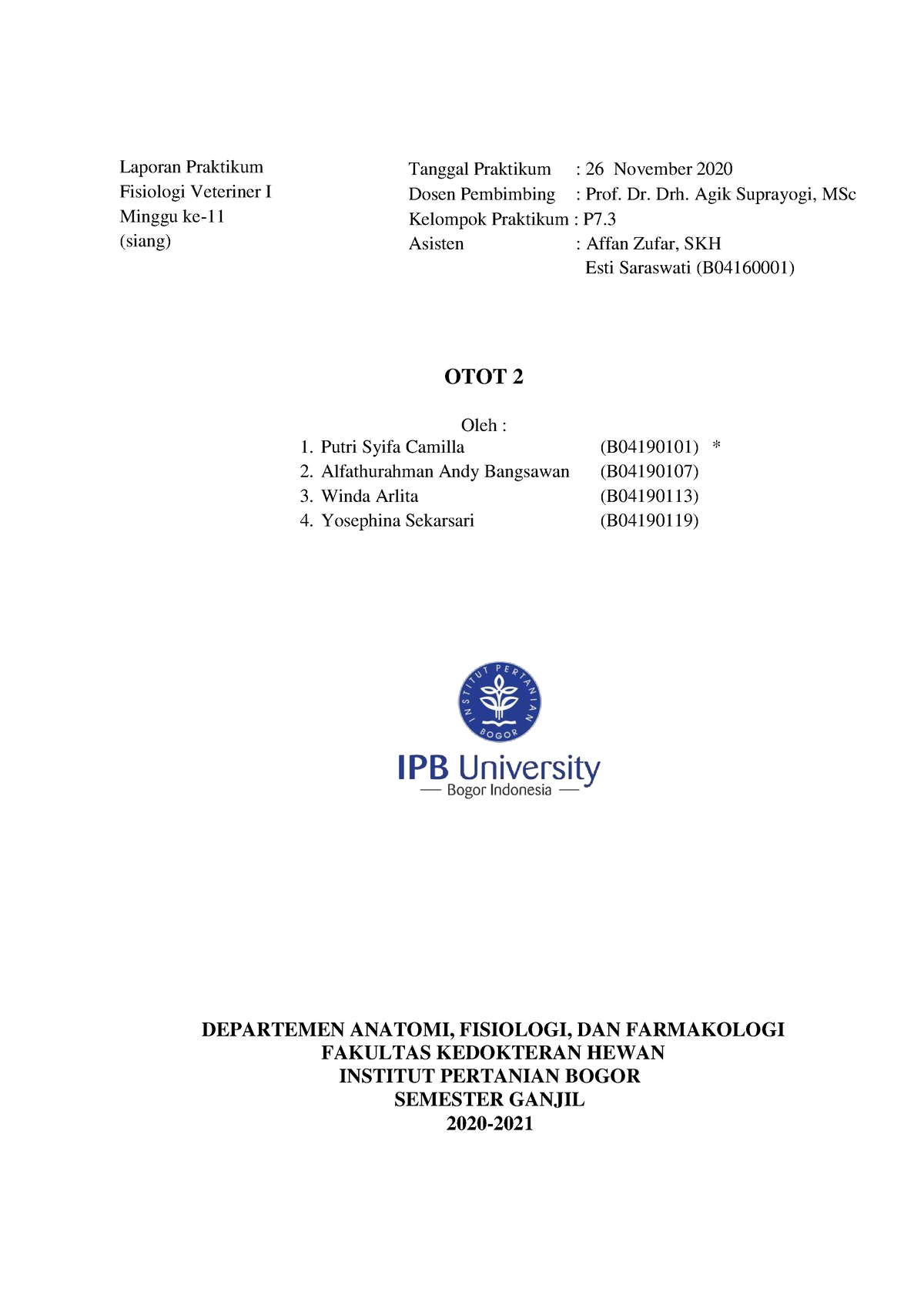 Laporan Praktikum Otot 2 P7 Laporan Praktikum Fisiologi Veteriner I