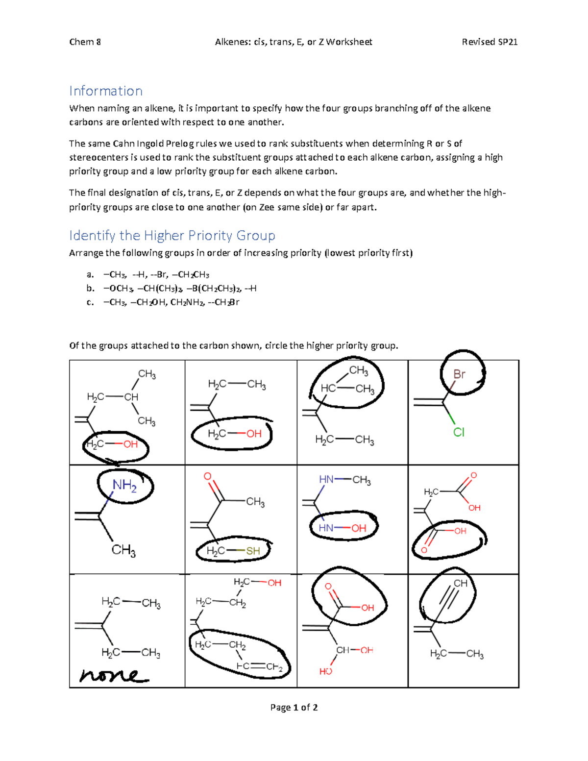 Alkenes cis trans E Z Worksheet Solutions Chem 8 Alkenes cis