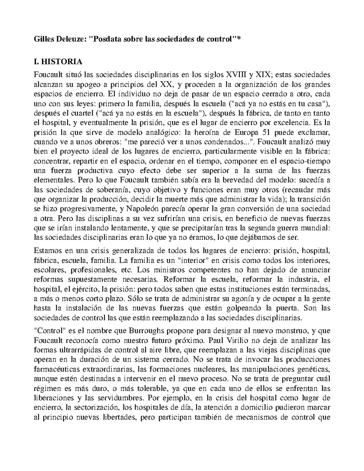 Posdata de las sociedades de control - 1990 - Gilles Deleuze: 