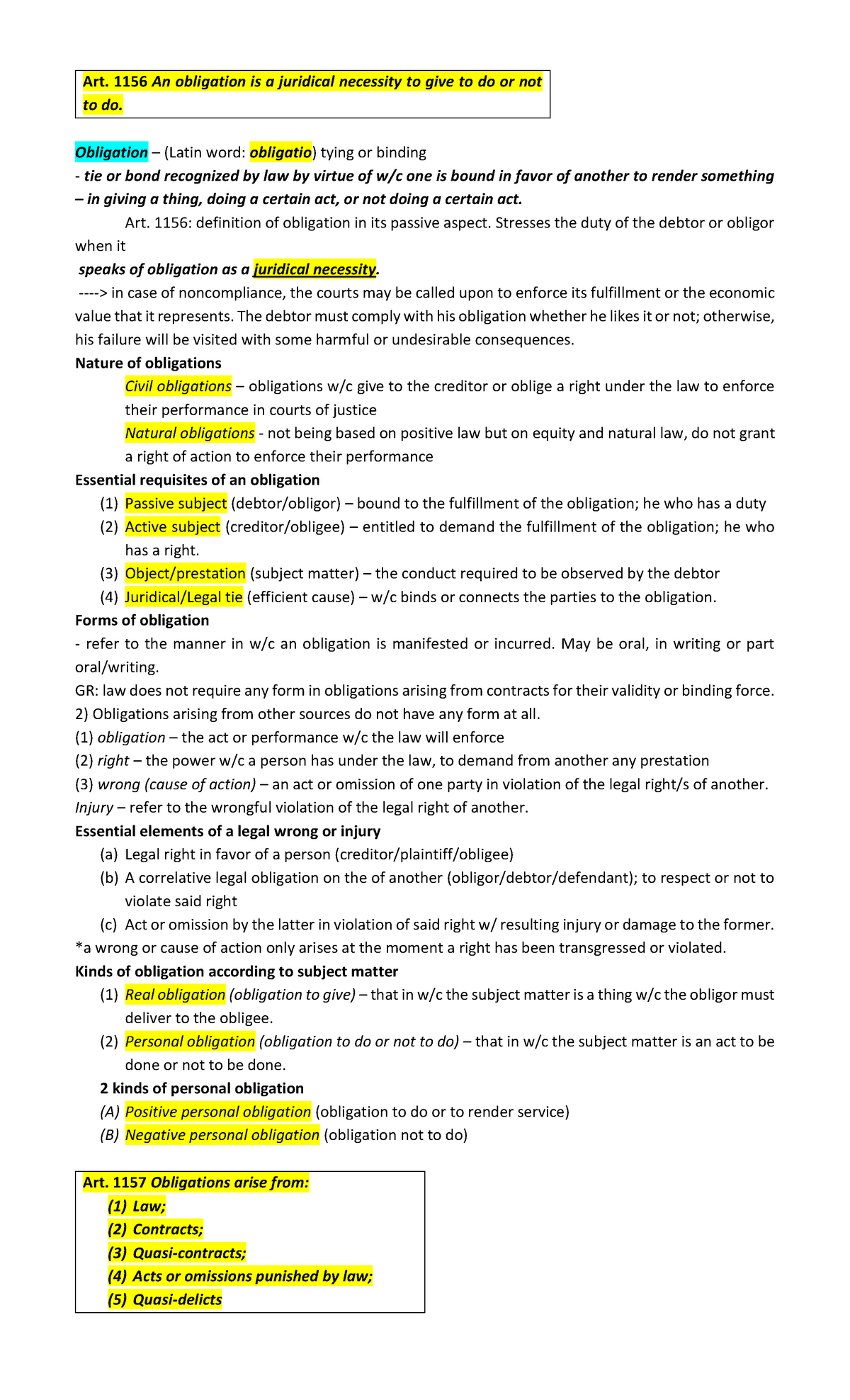 ACC 216 Law On Obligations And Contracts 1156 1174 Art 1156 An 