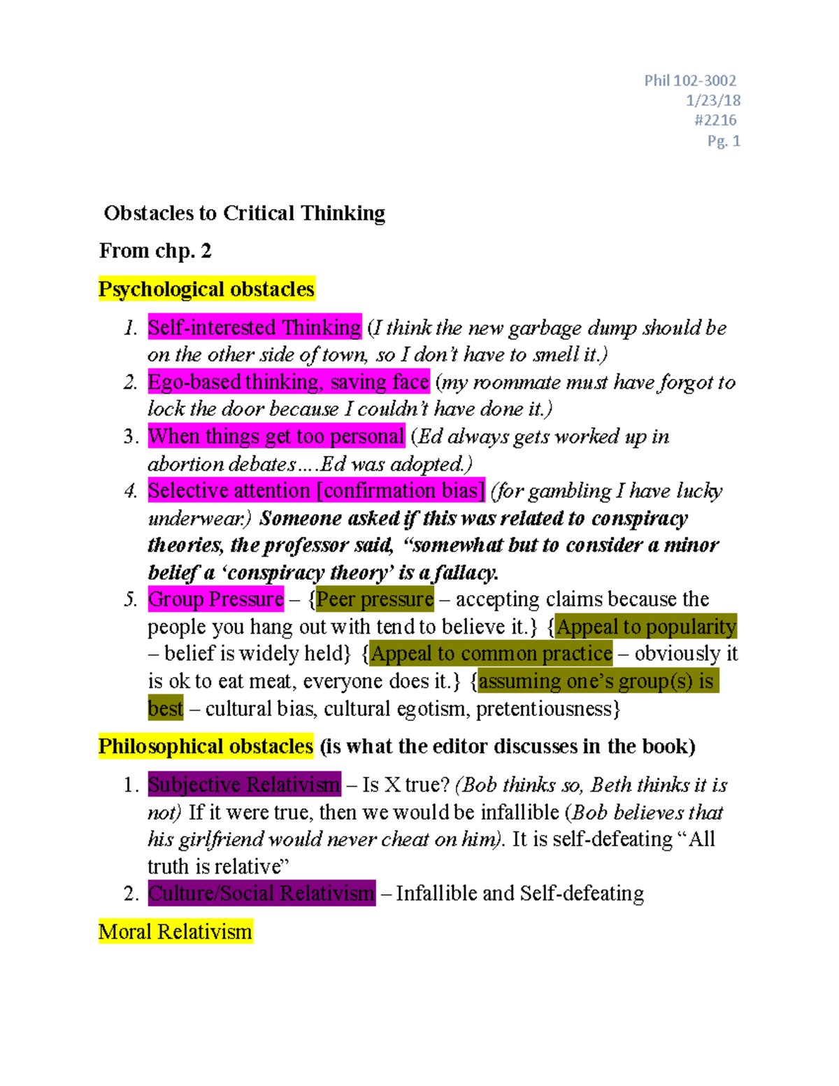 Ph1-18 #2216 - seacord - Phil 102- 1/23/ # Pg. 1 Obstacles to Critical ...