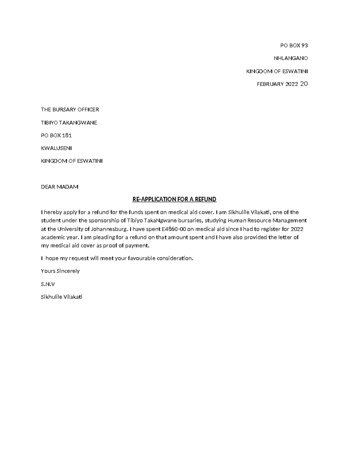 Refund Letter - Practicals - Po Box 93 Nhlangano Kingdom Of Eswatini 