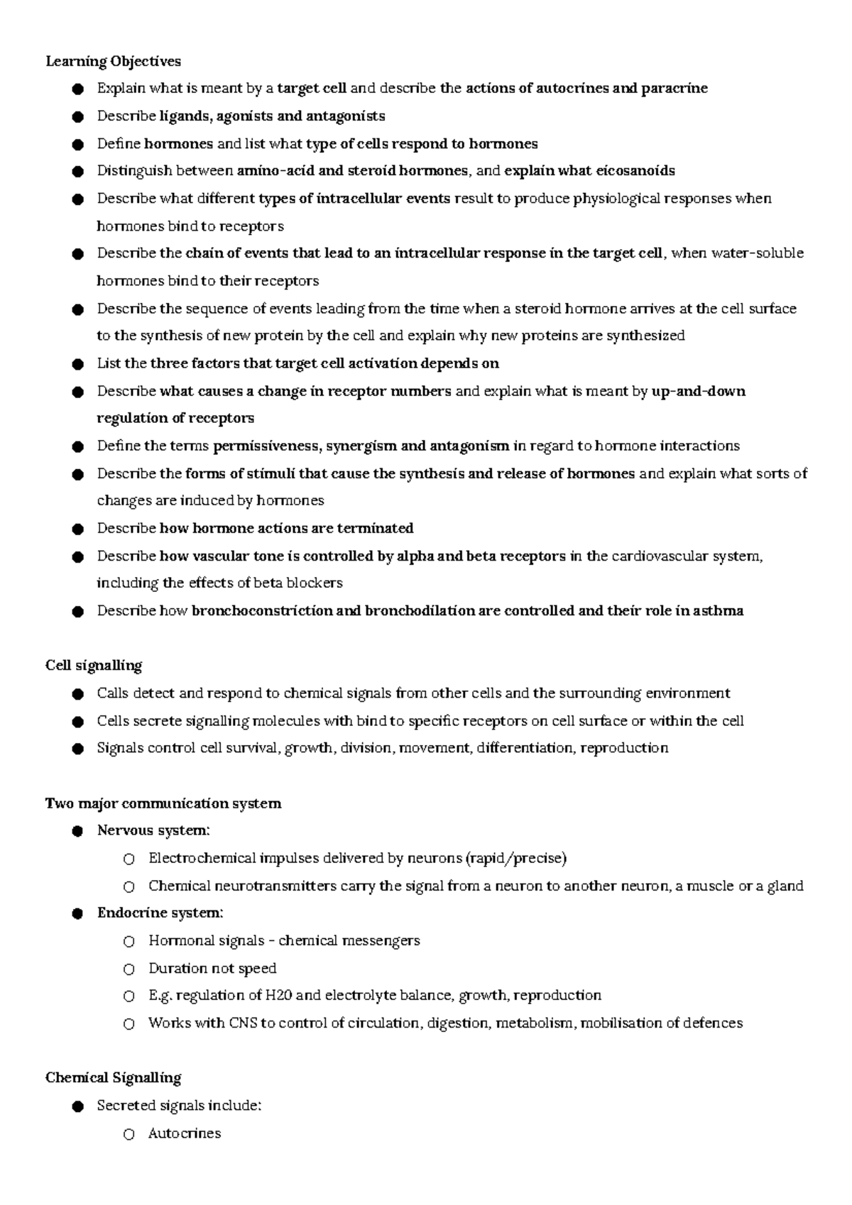 Topic 9 Endocrine Signalling - Learning Objectives Explain what is ...