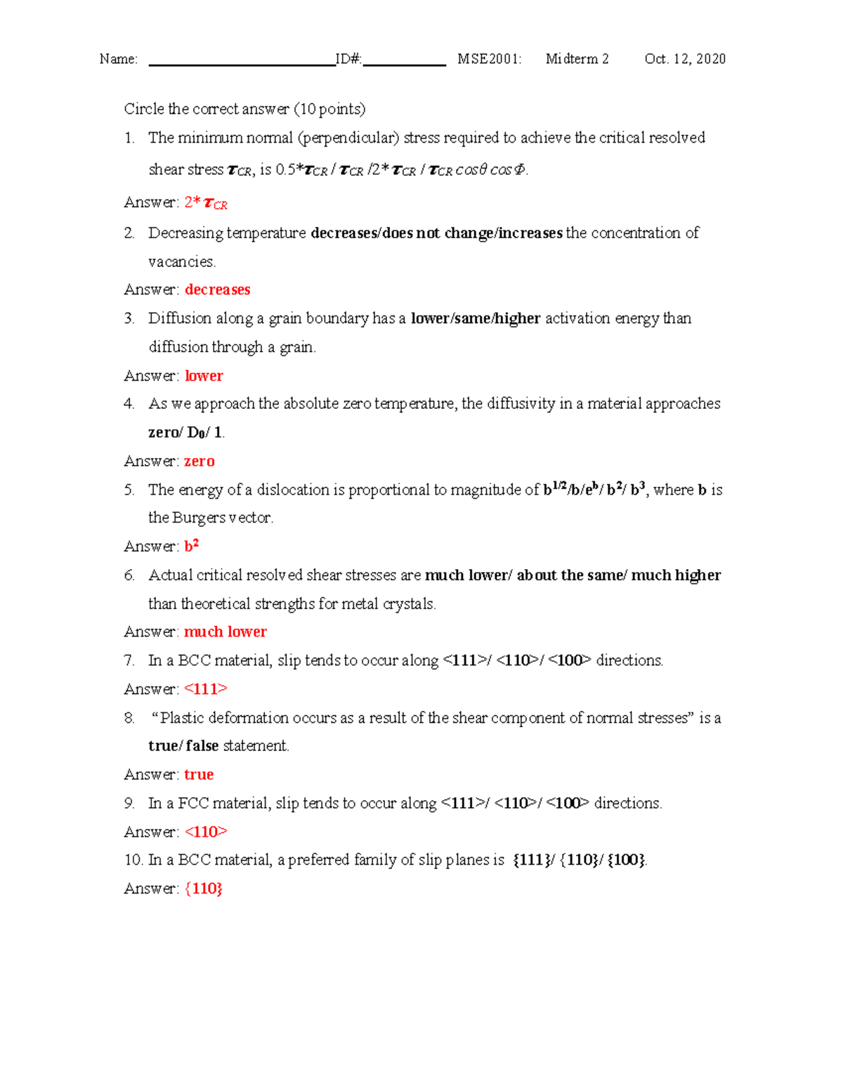 Exam 2 Soln Partial Credits - Circle the correct answer (10 points) The ...