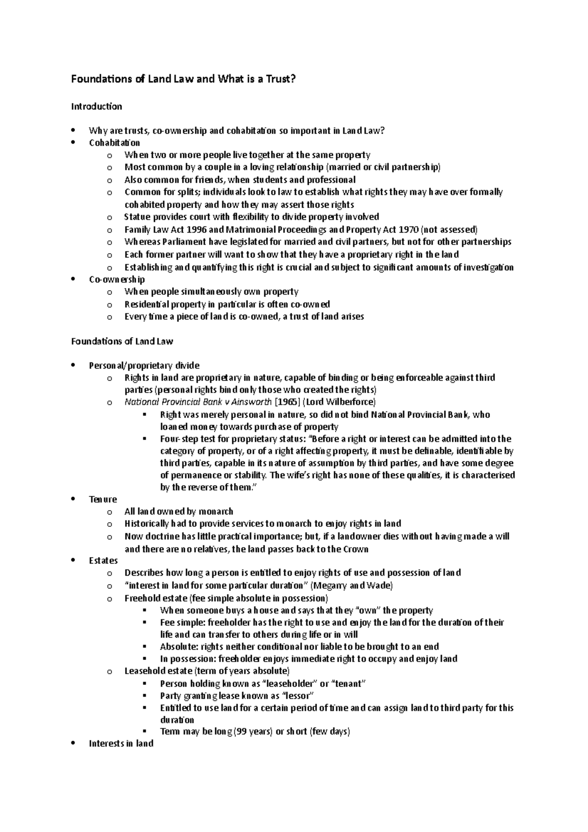 Foundations of Land Law and What is a Trust Foundations of Land Law