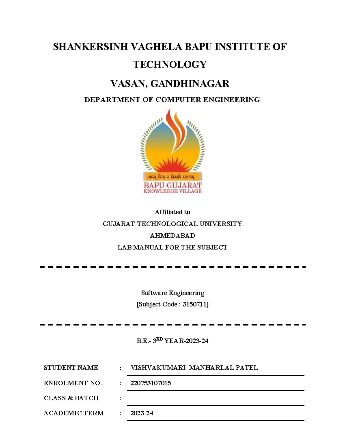 SE Lab manual reference report - SHANKERSINH VAGHELA BAPU INSTITUTE OF ...