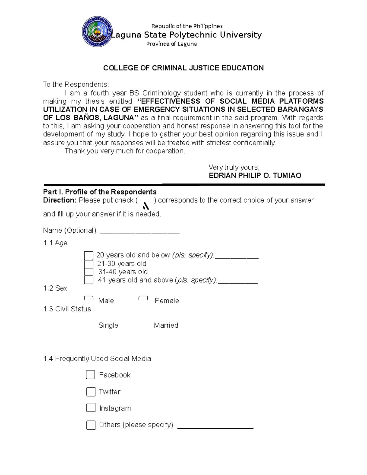 Tumiao questionnaire research Thesis study questionnaire for the study ...