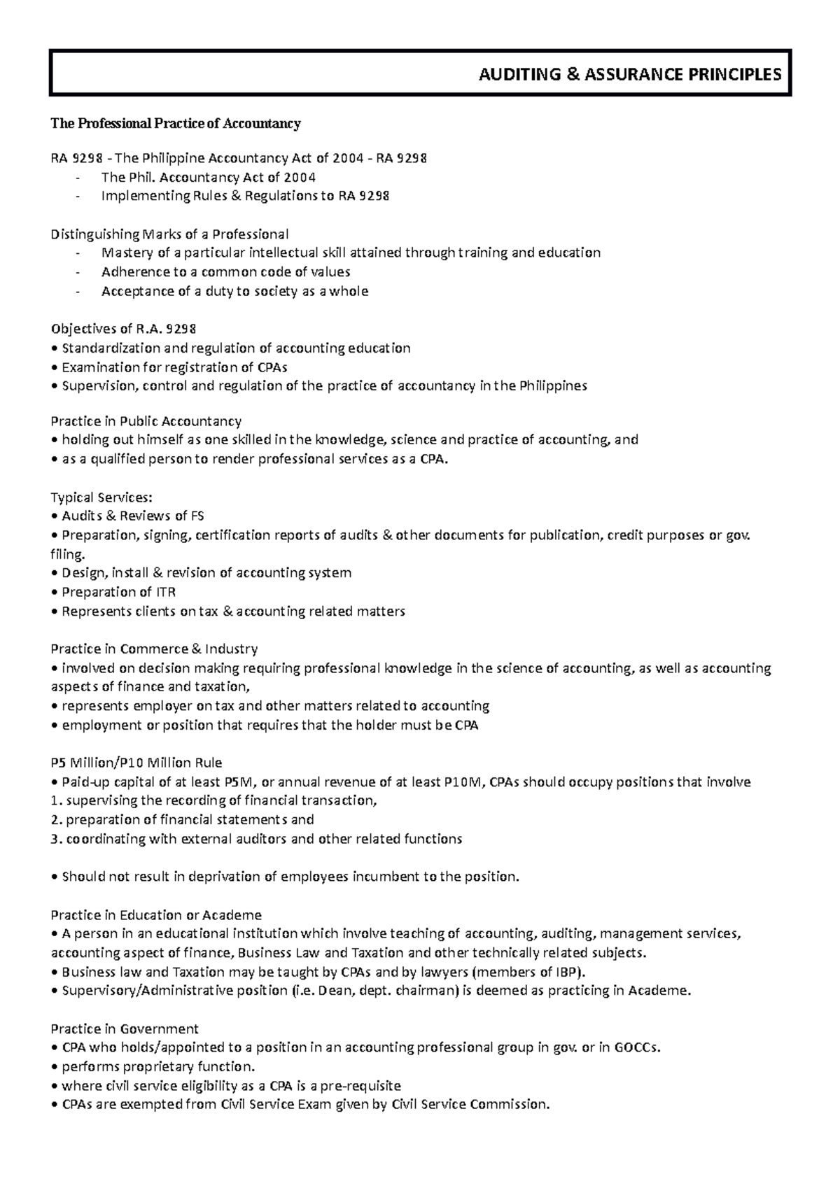 AUD notes - The Professional Practice of Accountancy RA 9298 - The ...