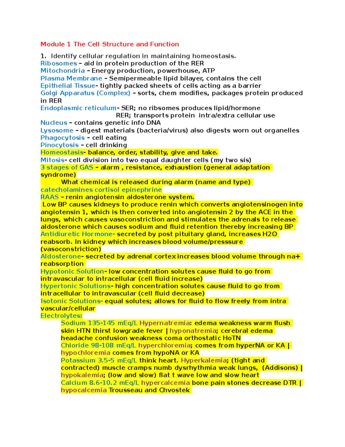 Final Patho Study Guide - Module 1 The Cell Structure And Function ...