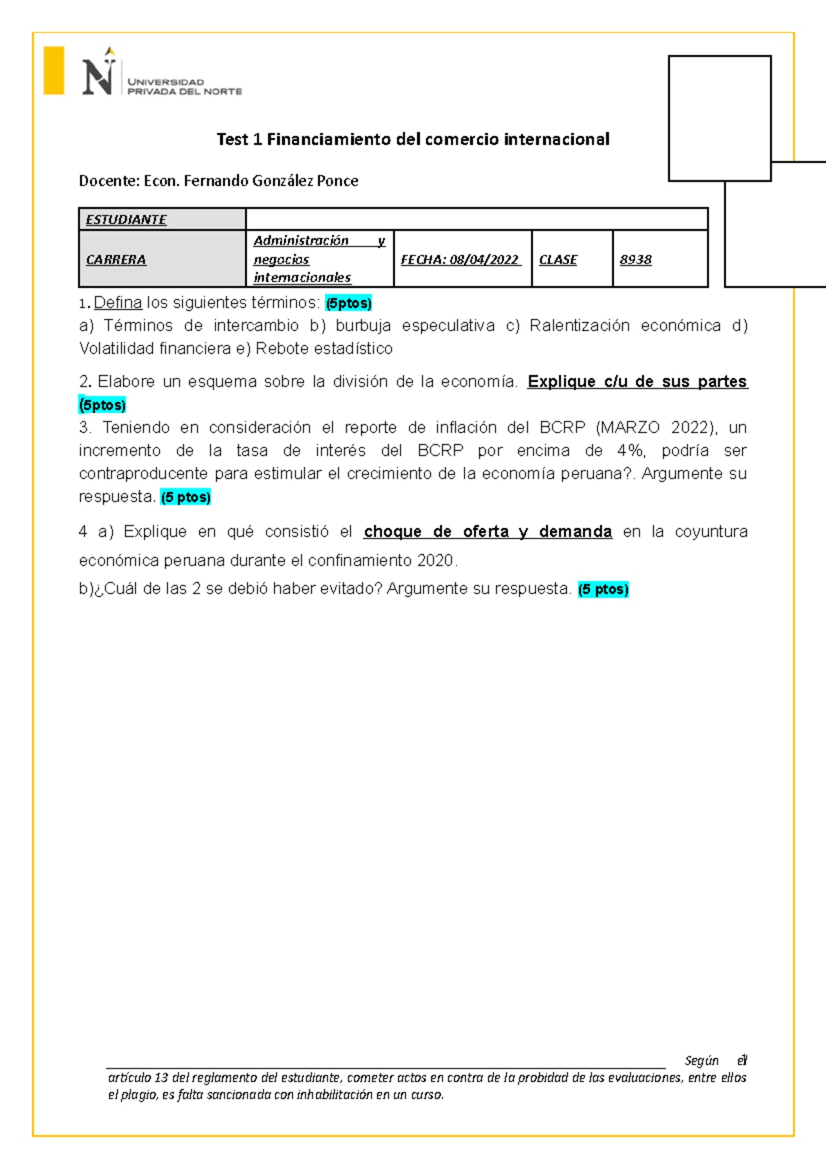 Test 1 Financiamiento del comercio internacional