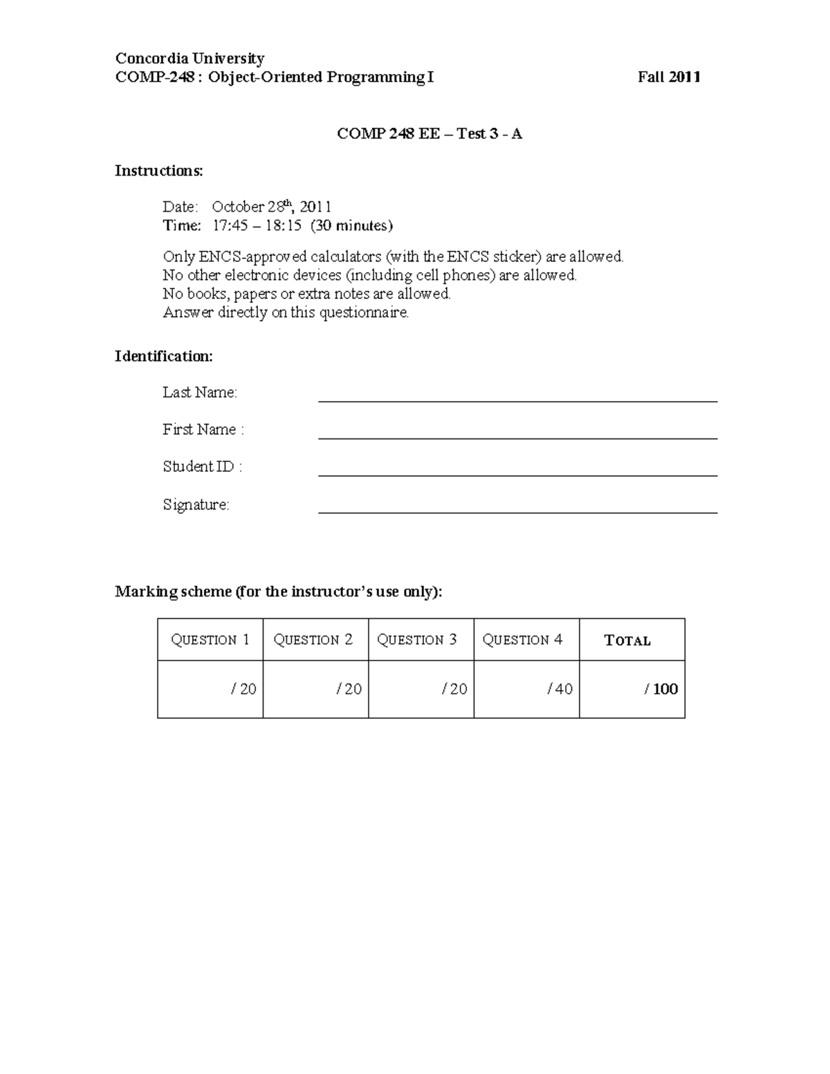 2011 Fall C - Exam - Concordia University COMP-248 : Object-Oriented ...