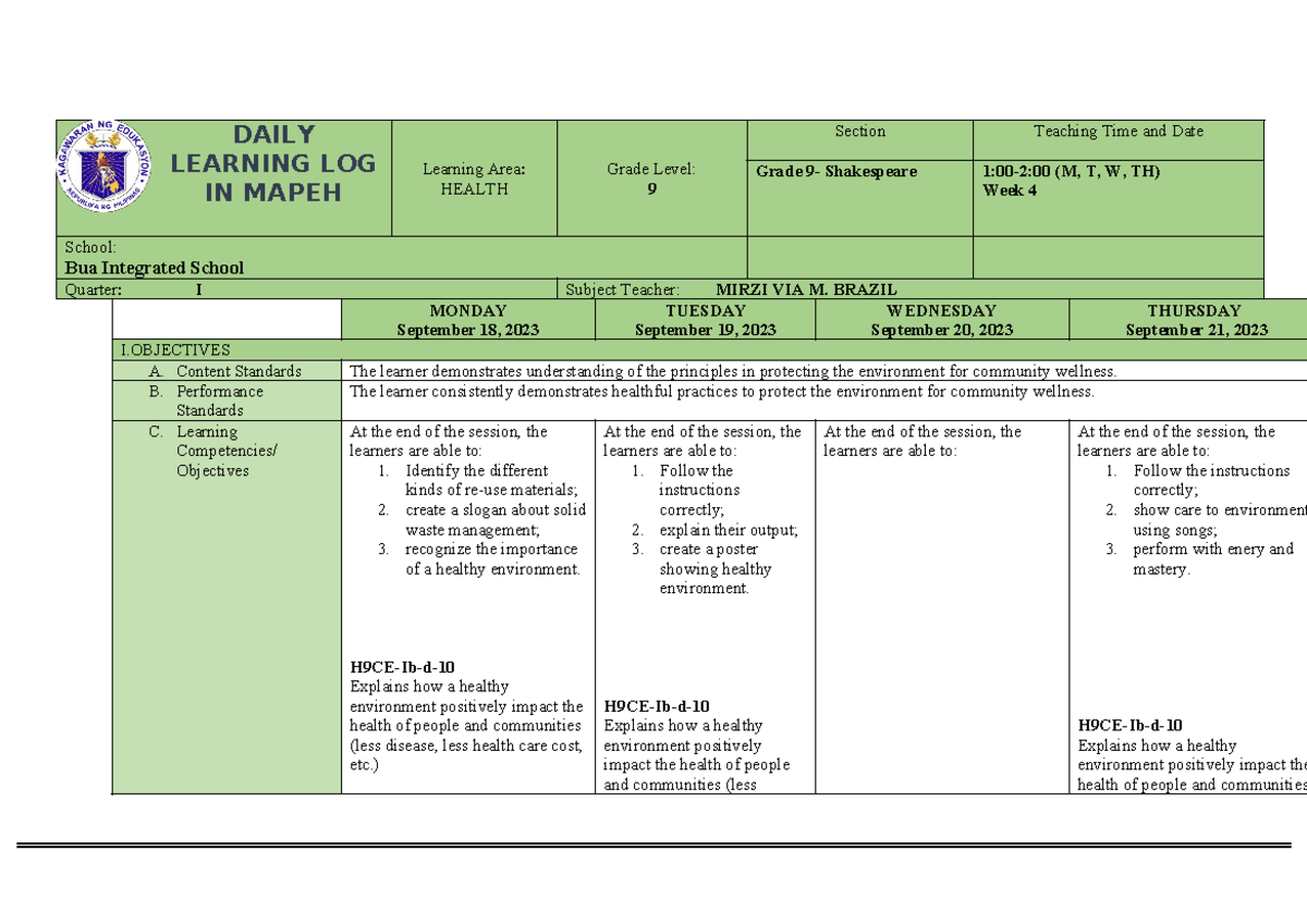 Week 5 - dll - DAILY LEARNING LOG IN MAPEH Learning Area: HEALTH Grade ...