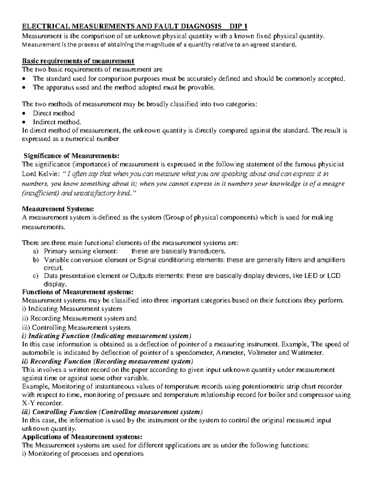 Electrical Measurements AND Fault Diagnosis Notes 2020 (1)-1 ...