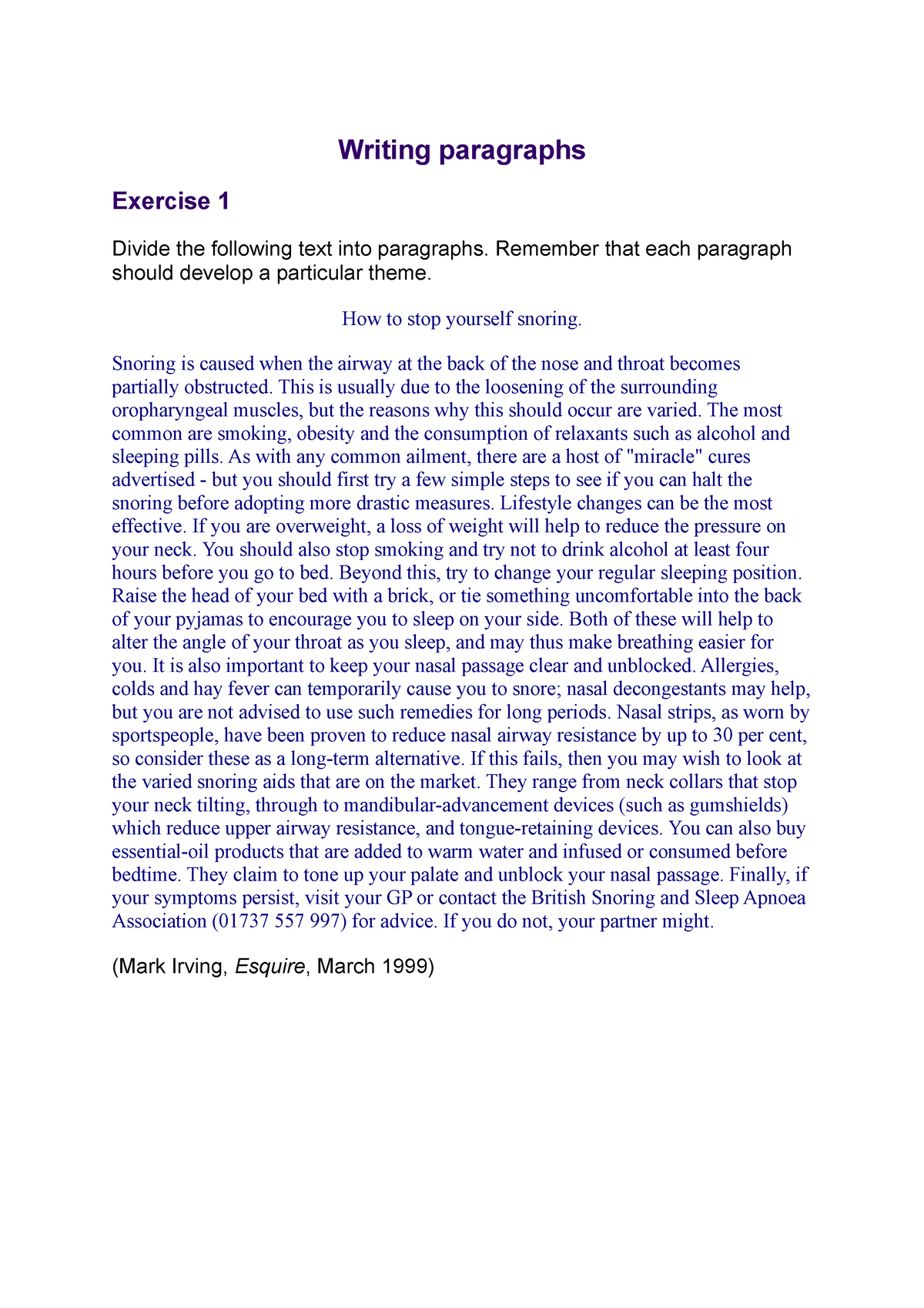 Writing paragraphs 1 - Grammar exercise - Writing paragraphs Exercise 1 ...