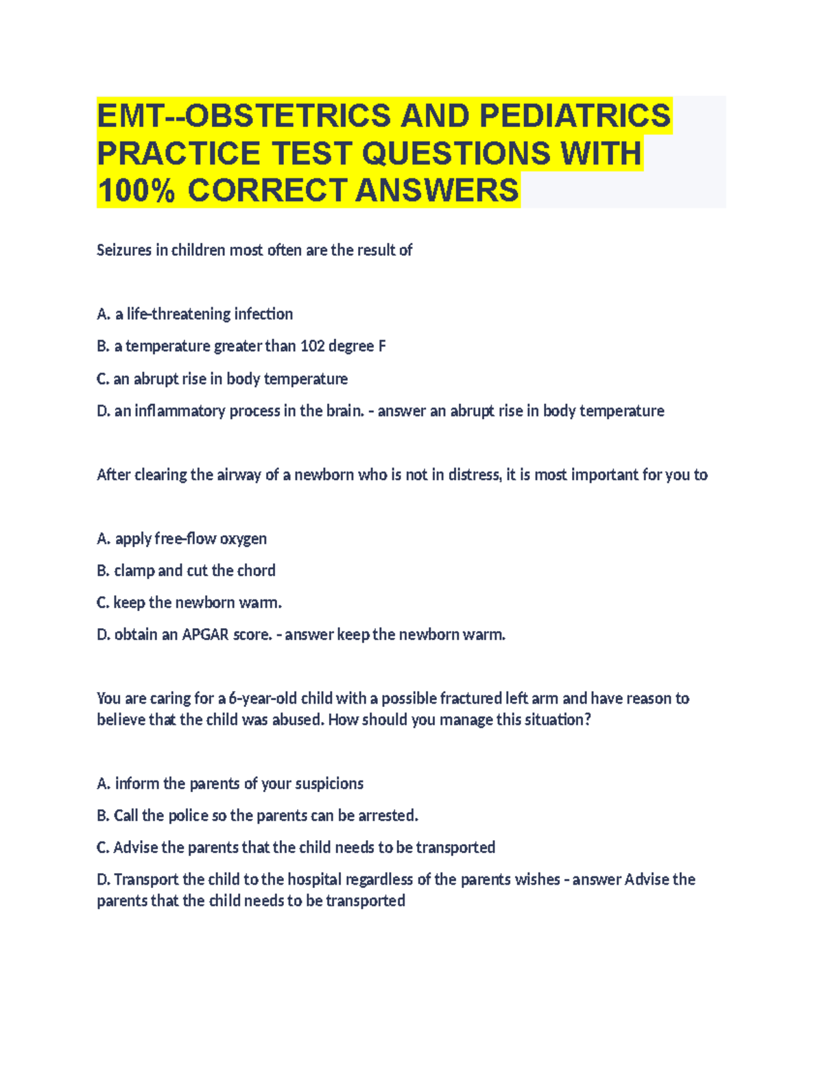 Emt Obstetrics And Pediatrics Practice Test Questions With 100 Correct Answers Emt