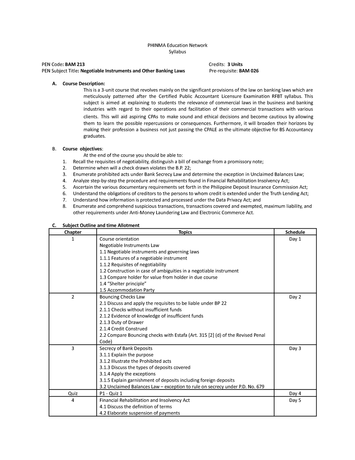 BAM 213 Syllabus Students Accountancy PHINMACOC Studocu