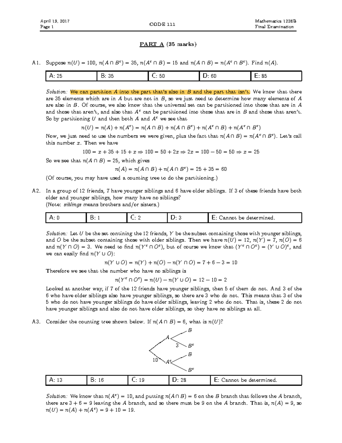 1228Bw17final Solutions - April 19, 2017 Page 1 CODE 111 Mathematics ...