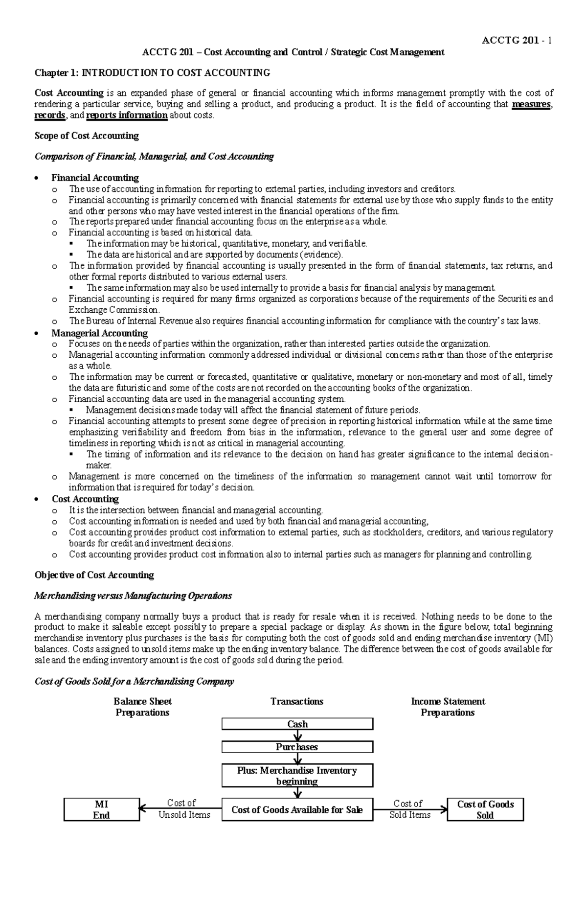 Ch 1 120439 - yes - ACCTG 201 - 1 ACCTG 201 – Cost Accounting and ...