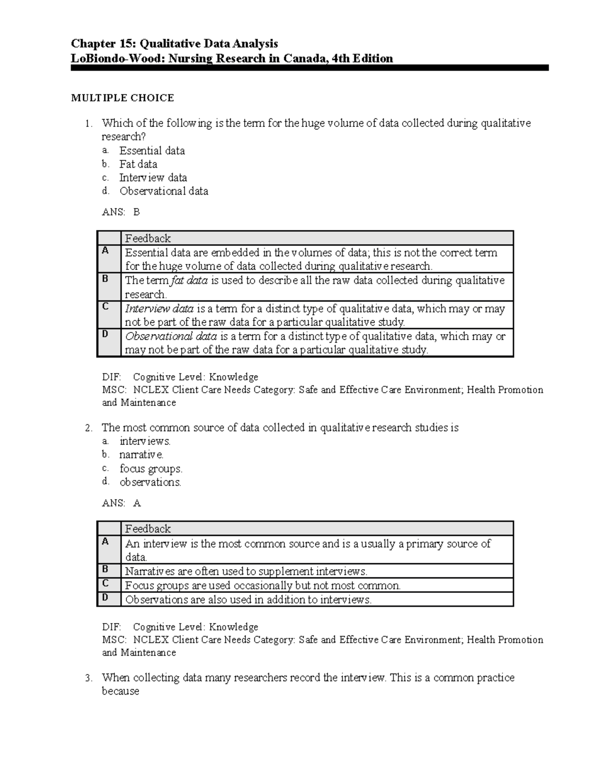 Chapter 15 - Nurs 205 test bank - Chapter 15: Qualitative Data Analysis ...