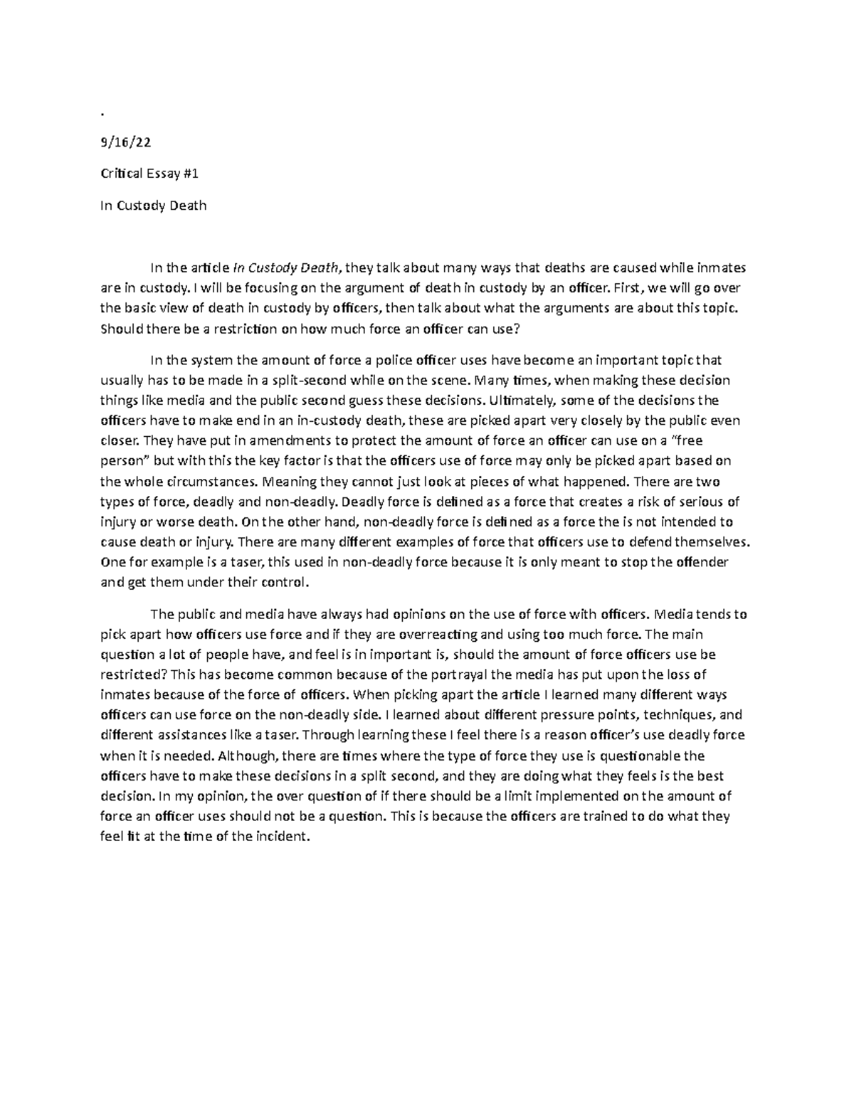 Critical Essay #1 - . 9/16/ Critical Essay # In Custody Death In the ...