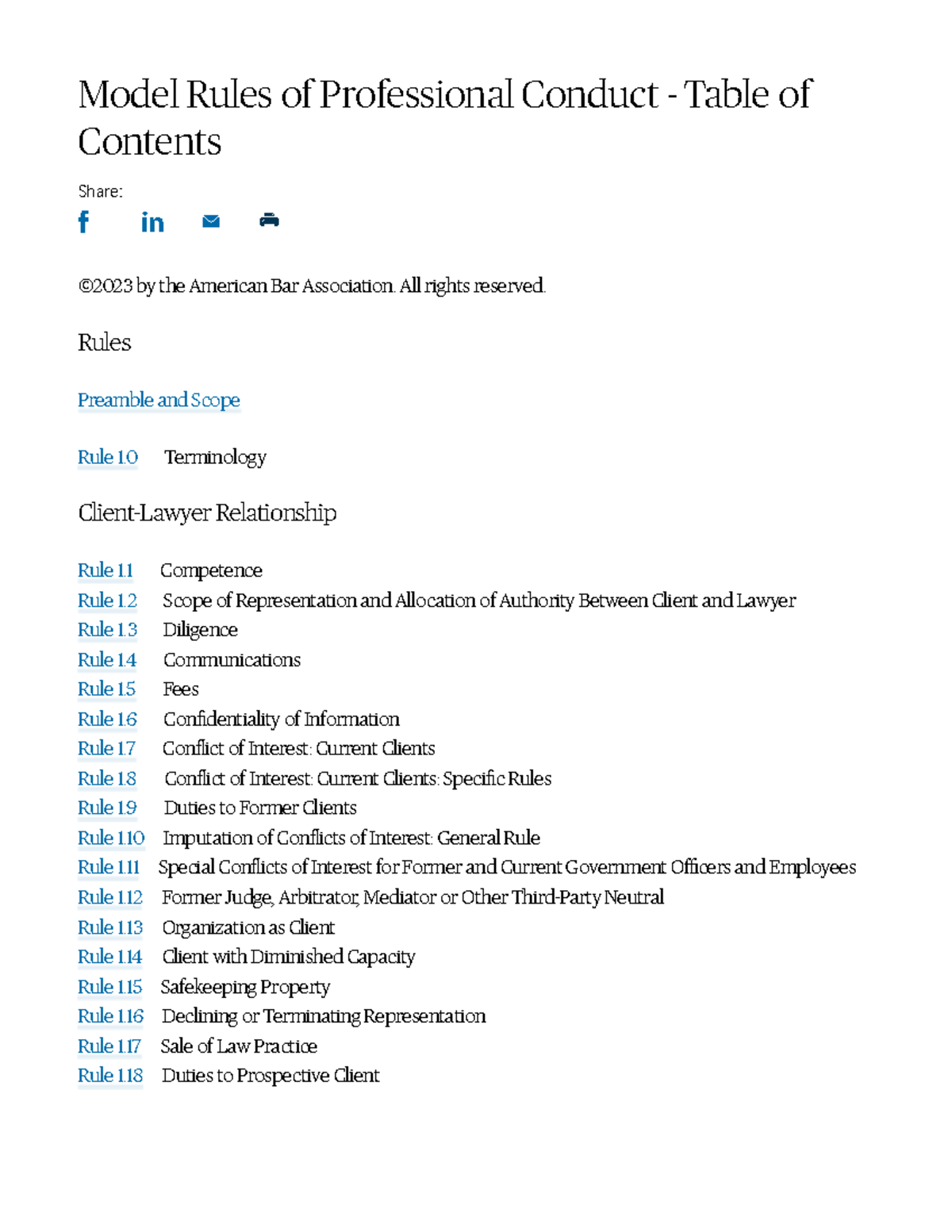 Model Rules of Professional Conduct Table of Contents Model Rules