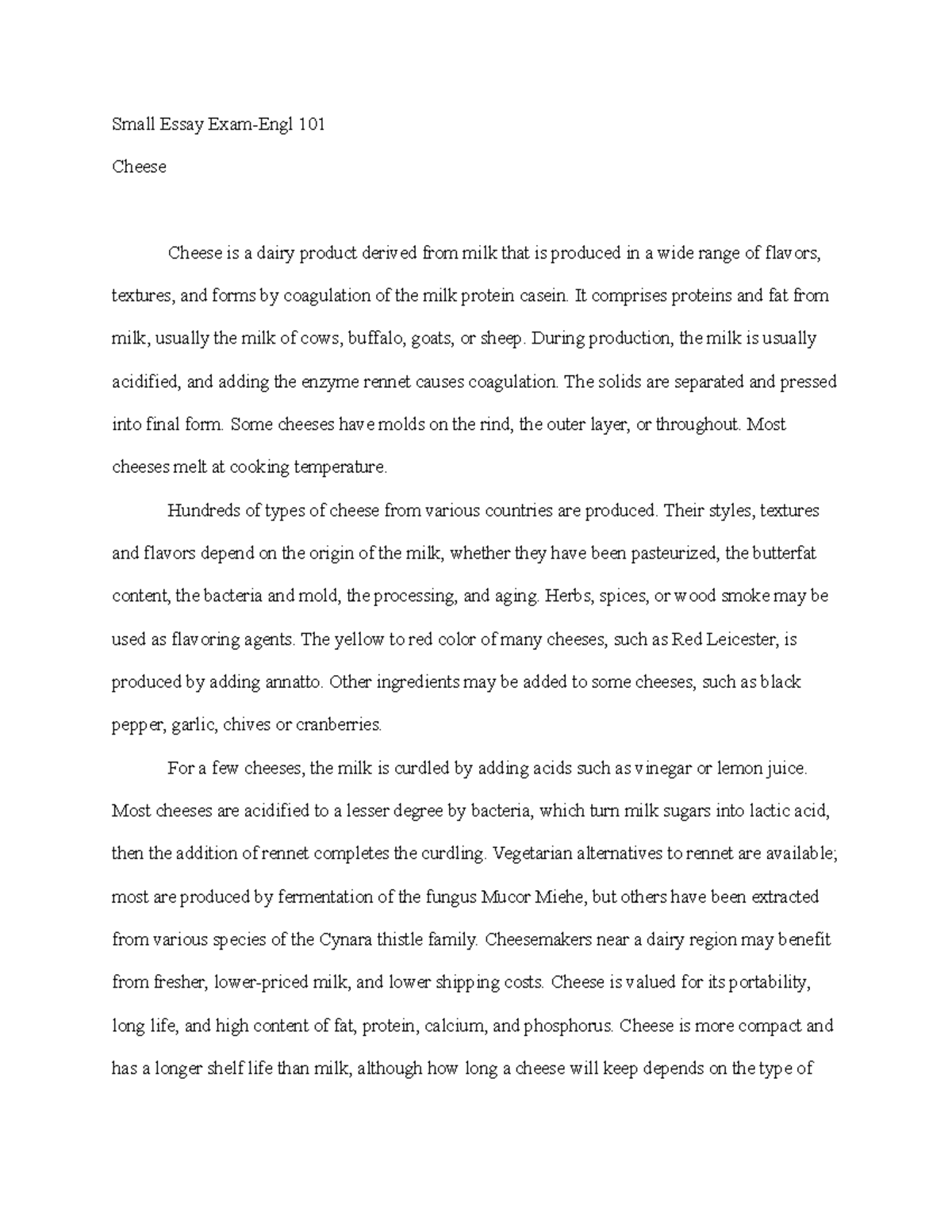 Small Essay Exam-Cherese-Engl-101 - Small Essay Exam-Engl 101 Cheese ...