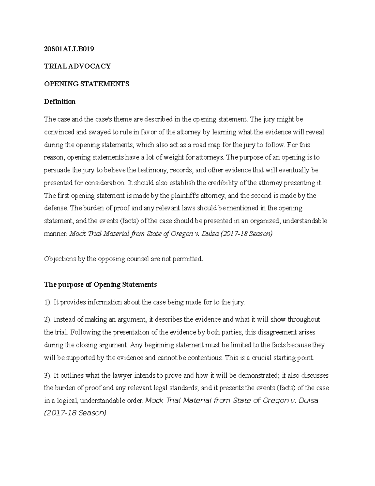 Open ended statements 20S01ALLB TRIAL ADVOCACY OPENING STATEMENTS