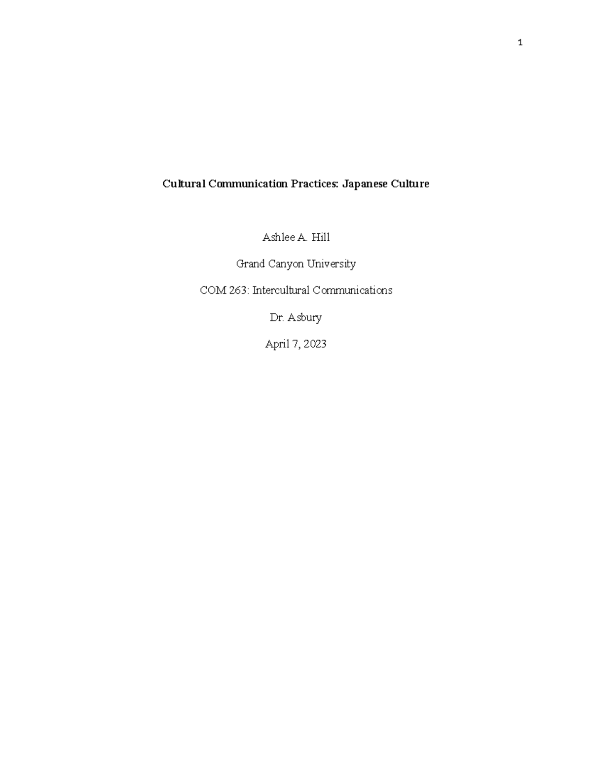 Cultural Communication Paper - COM - 263 - Cultural Communication ...
